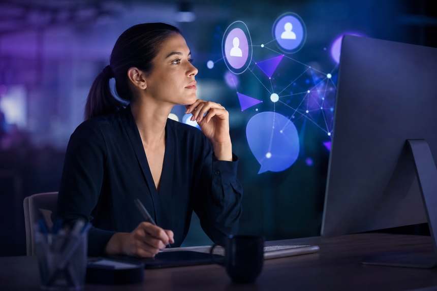 Profissional de marketing analisando uma campanha digital em ambiente de inteligência artificial, sem textos ou logotipos visíveis
